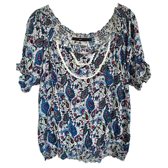 azelhazel hazel hazel haze Women's Colorful Print Blouse Top 100%Rayon Sz L Blue - Picture 1 of 9